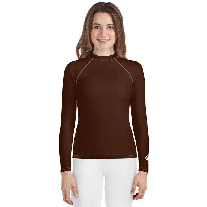Solid Color Rash Guard – Youth Girls Long Sleeve Training Top – Chocolate