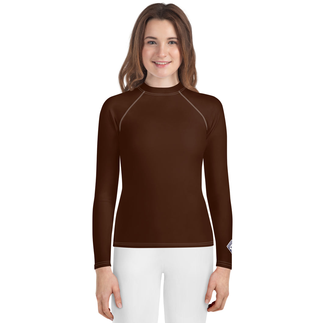 Solid Color Rash Guard – Youth Girls Long Sleeve Training Top – Chocolate
