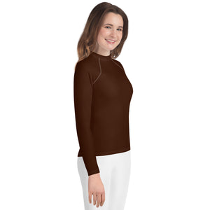 Solid Color Rash Guard – Youth Girls Long Sleeve Training Top – Chocolate
