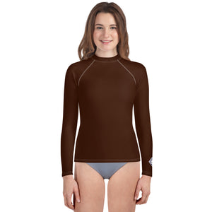 Solid Color Rash Guard – Youth Girls Long Sleeve Training Top – Chocolate