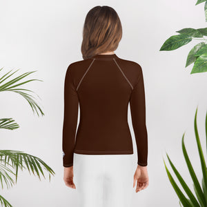 Solid Color Rash Guard – Youth Girls Long Sleeve Training Top – Chocolate