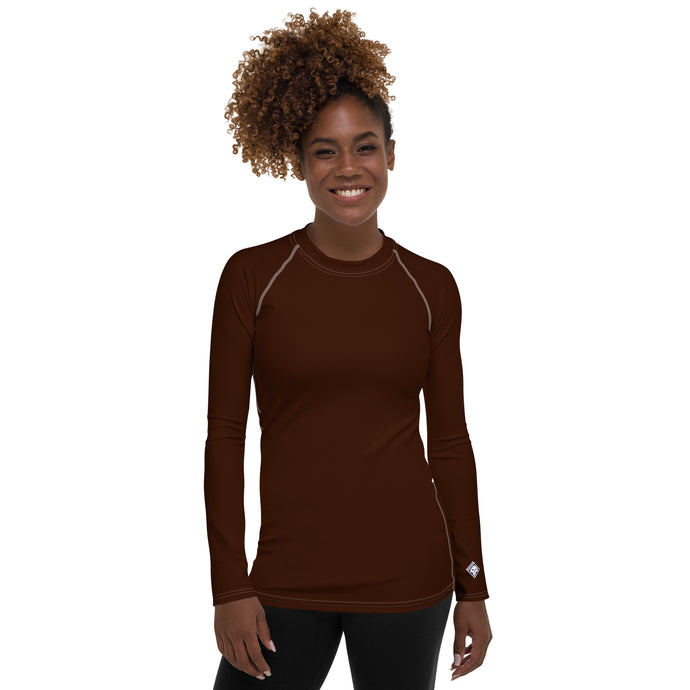 Sophisticated Sun Protection: Women's Solid Color Rash Guard - Chocolate Exclusive Long Sleeve Rash Guard Solid Color Swimwear Womens