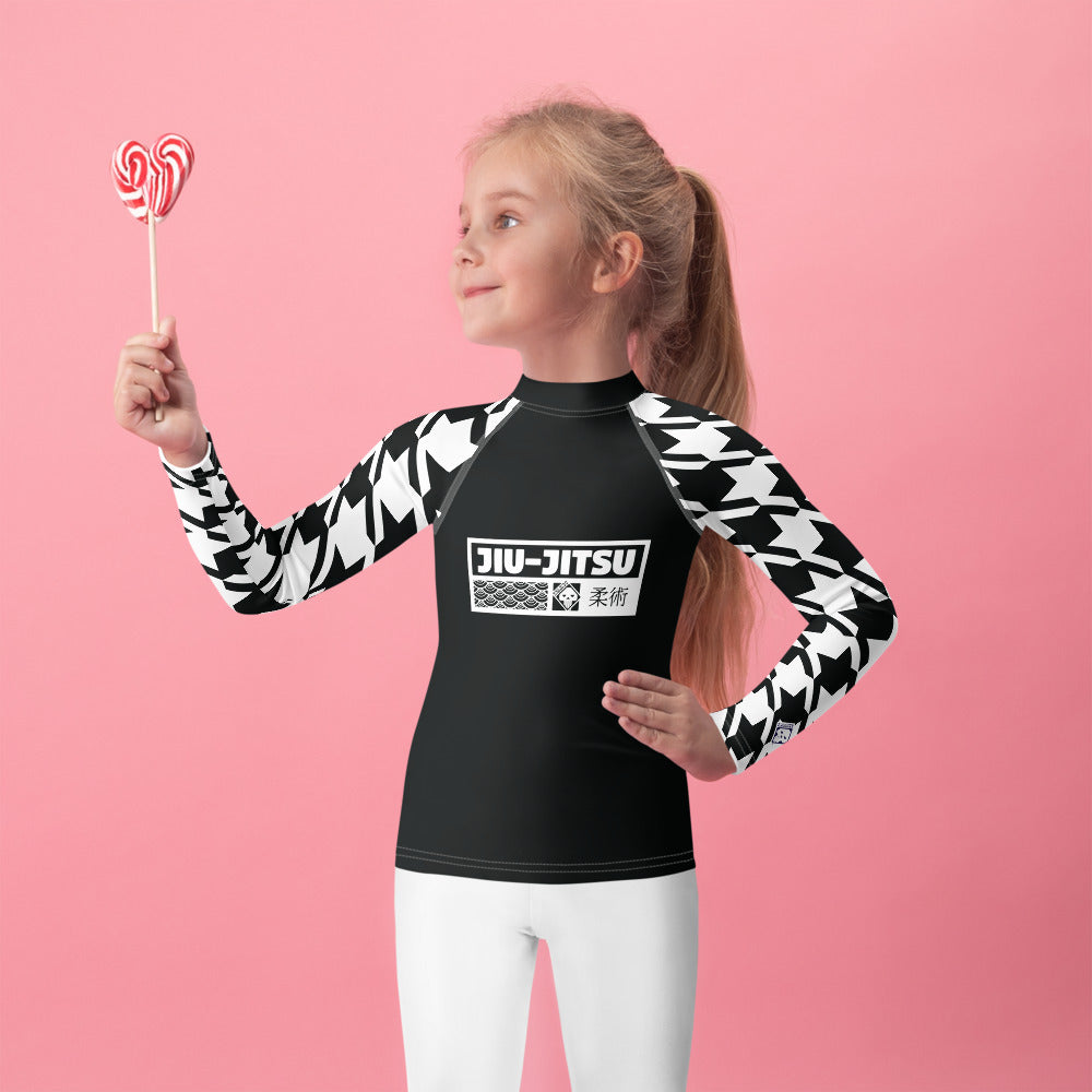 Sporty Style: Houndstooth Jiu-Jitsu Long Sleeve Rash Guard for Girls' BJJ Exclusive Girls Houndstooth Jiu-Jitsu Kids Long Sleeve Rash Guard