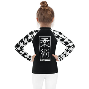 Sporty Style: Houndstooth Jiu-Jitsu Long Sleeve Rash Guard for Girls' BJJ Exclusive Girls Houndstooth Jiu-Jitsu Kids Long Sleeve Rash Guard