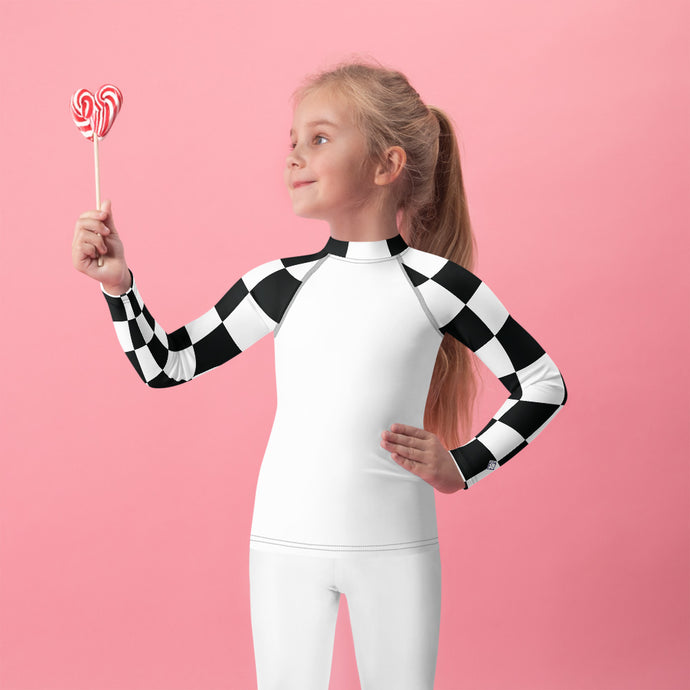 Stylish Safety: Checkered Long Sleeve Rash Guard for Girls - Blanc