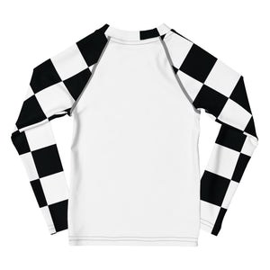Stylish Safety: Checkered Long Sleeve Rash Guard for Girls - Blanc Checkered Exclusive Girls Kids Long Sleeve Rash Guard Swimwear
