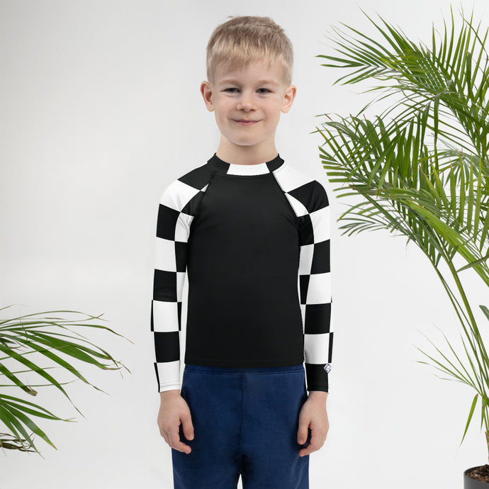 Stylish Safety: Kids Boys' Checkered Long Sleeve Rash Guard - Noir