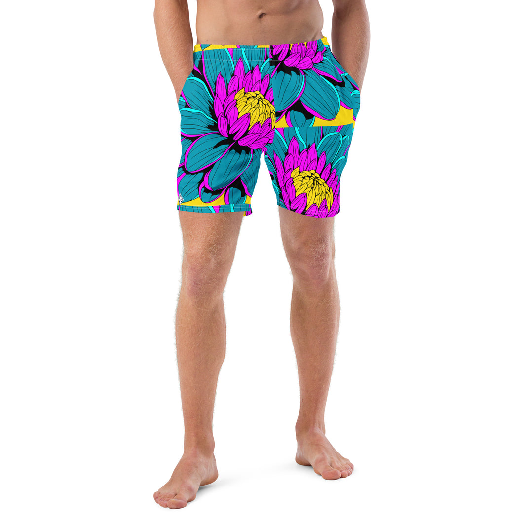 Summer Blossoms: Men's Dahlia Print 001 Swim Trunks Exclusive Mens Shorts Swimwear