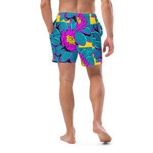 Summer Blossoms: Men's Dahlia Print 001 Swim Trunks Exclusive Mens Shorts Swimwear