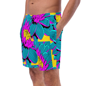 Summer Blossoms: Men's Dahlia Print 001 Swim Trunks Exclusive Mens Shorts Swimwear