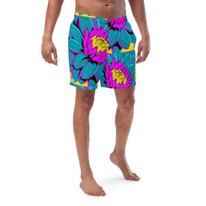 Summer Blossoms: Men's Dahlia Print 001 Swim Trunks Exclusive Mens Shorts Swimwear