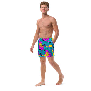 Summer Blossoms: Men's Dahlia Print 001 Swim Trunks Exclusive Mens Shorts Swimwear