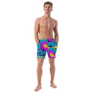 Summer Blossoms: Men's Dahlia Print 001 Swim Trunks Exclusive Mens Shorts Swimwear