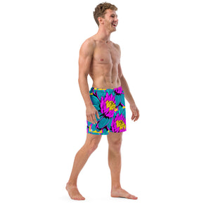 Summer Blossoms: Men's Dahlia Print 001 Swim Trunks Exclusive Mens Shorts Swimwear