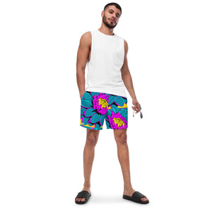 Summer Blossoms: Men's Dahlia Print 001 Swim Trunks Exclusive Mens Shorts Swimwear