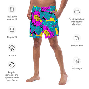 Summer Blossoms: Men's Dahlia Print 001 Swim Trunks Exclusive Mens Shorts Swimwear