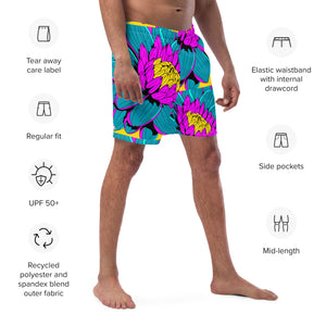 Summer Blossoms: Men's Dahlia Print 001 Swim Trunks Exclusive Mens Shorts Swimwear