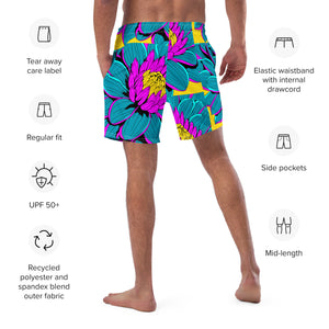 Summer Blossoms: Men's Dahlia Print 001 Swim Trunks Exclusive Mens Shorts Swimwear