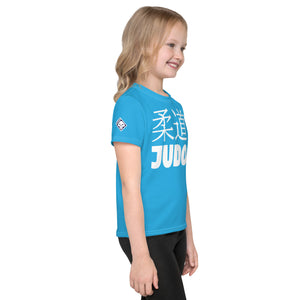 Summer Fun: Girl's Short Sleeve Classic Judo Rash Guard - Cyan Exclusive Girls Judo Kids Rash Guard Short Sleeve