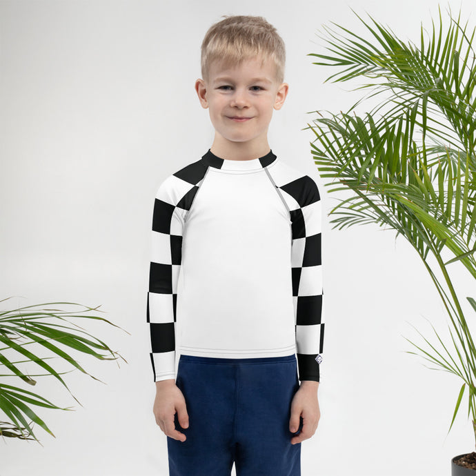 Trendy Tots: Boys' Checkered Long Sleeve Rash Guard - Blanc