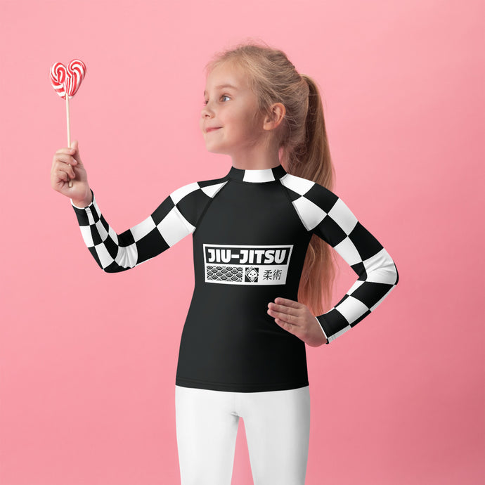 Trendy Tots: Girls' Checkered Long Sleeve Rash Guard - Noir Jiu-Jitsu Checkered Exclusive Girls Kids Long Sleeve Rash Guard