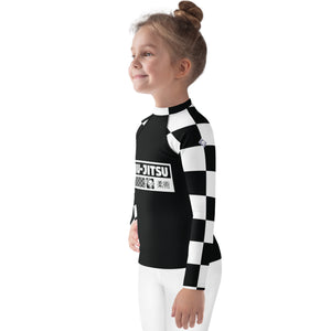 Trendy Tots: Girls' Checkered Long Sleeve Rash Guard - Noir Jiu-Jitsu Checkered Exclusive Girls Kids Long Sleeve Rash Guard