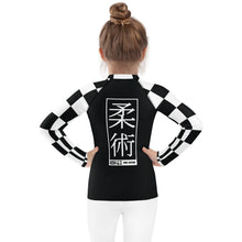 Trendy Tots: Girls' Checkered Long Sleeve Rash Guard - Noir Jiu-Jitsu Checkered Exclusive Girls Kids Long Sleeve Rash Guard