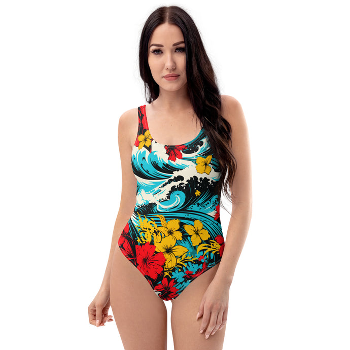 Women's One-Piece Swimsuit - Waves and Flowers 001