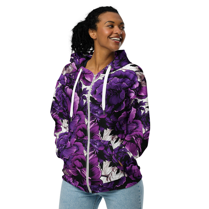 Womens Zip Hoodie - Purple Flowers 001 Athleisure Exclusive Hoodies Running Womens