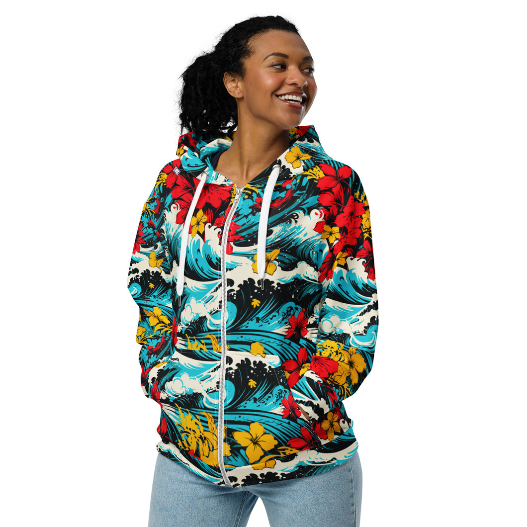 Womens Zip Hoodie - Waves and Flowers 001 Athleisure Beach Exclusive Hoodies Swimwear Womens