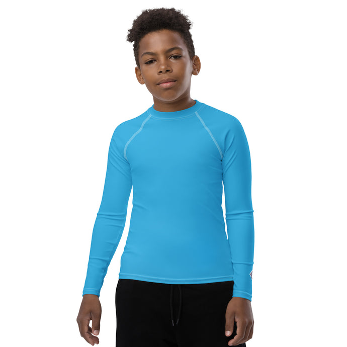 Youth Boys Sports Rash Guard – Durable Long Sleeve Solid Color Top – Cyan