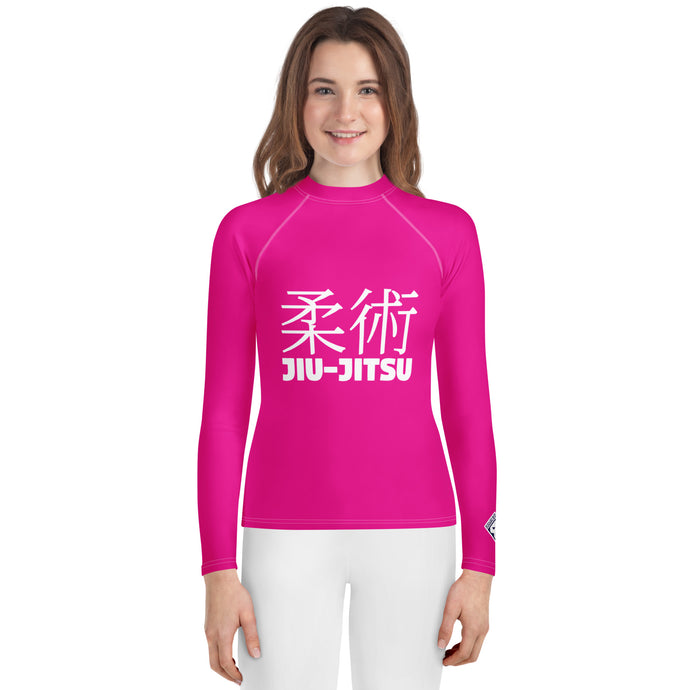 Youth Girls Jiu-Jitsu Rash Guard – Long Sleeve Classic Grappling Top – Hollywood Cerise