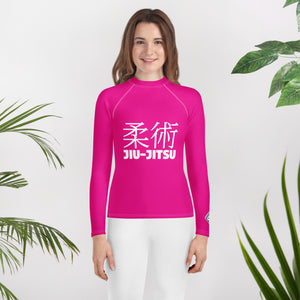 Youth Girls Jiu-Jitsu Rash Guard – Long Sleeve Classic Grappling Top – Hollywood Cerise