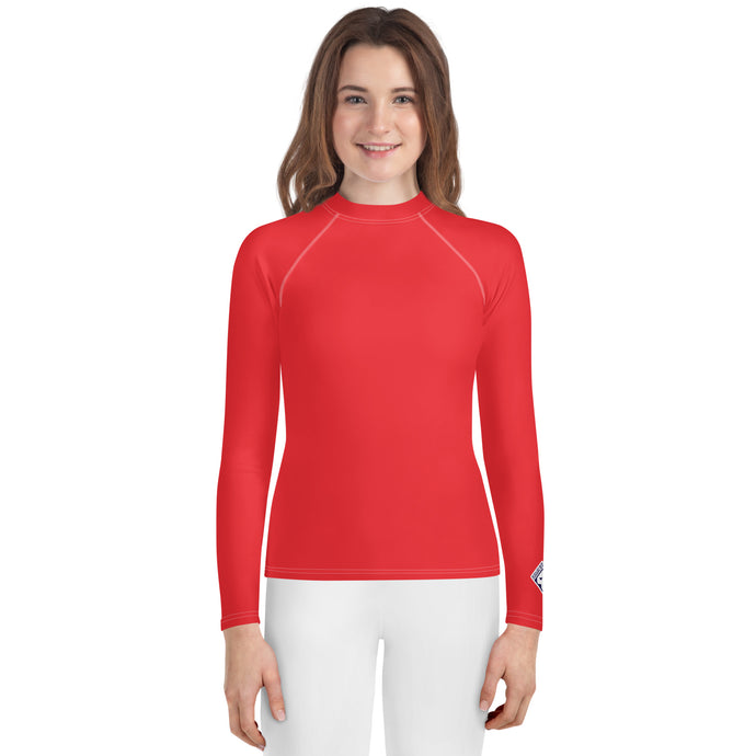 Youth Girls Long Sleeve Rash Guard – Solid Color Performance Fit – Scarlet