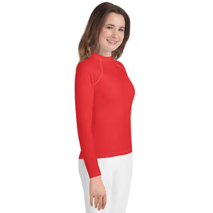 Youth Girls Long Sleeve Rash Guard – Solid Color Performance Fit – Scarlet