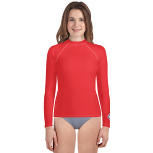 Youth Girls Long Sleeve Rash Guard – Solid Color Performance Fit – Scarlet