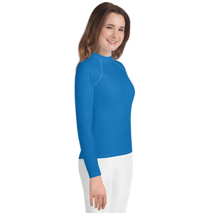 Youth Girls Rash Guard – Long Sleeve Solid Color for Sports & Swim – Azul