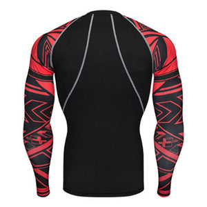 Crimson Abstract Long Sleeve No Gi BJJ Compression Rash Guard for Jiu Jitsu, MMA, Grappling and Wrestling Long Sleeve Rash Guard