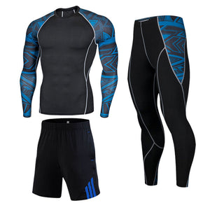 Azure Abstract 2 Long Sleeve No Gi BJJ Compression Rash Guard, Leggings & Shorts for Jiu Jitsu, MMA, Grappling & Wrestling Kit Kit Leggings Rash Guard Shorts Spats