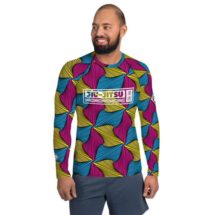 Men's Long Sleeve Ankara Wax Print 001 No Gi BJJ Compression Rash Guard for Jiu Jitsu, MMA, Grappling & Wrestling African Print Ankara Exclusive Jiu-Jitsu Long Sleeve Mens Rash Guard