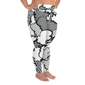 Women's Black and White Graffiti Clouds Plus Size Yoga Pants Workout Leggings For Jiu Jitsu 001 - Soldier Complex