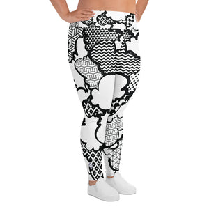 Women's Black and White Graffiti Clouds Plus Size Yoga Pants Workout Leggings For Jiu Jitsu 001 - Soldier Complex